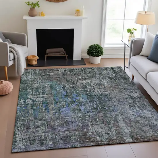 Fern Green Blue And Beige Abstract Washable Area Rug With UV Protection Photo 4