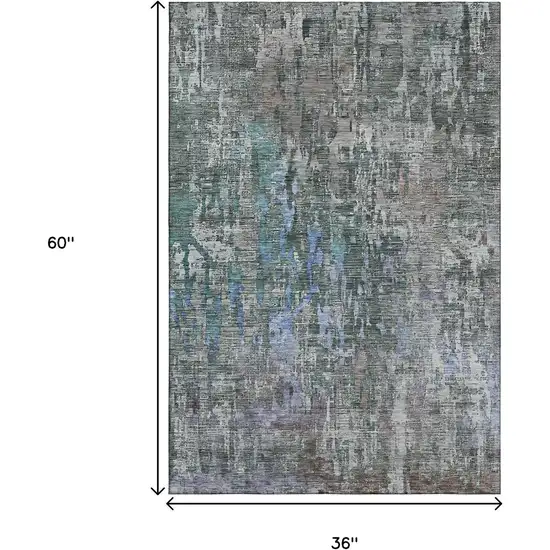 Fern Green Blue And Beige Abstract Washable Area Rug With UV Protection Photo 3