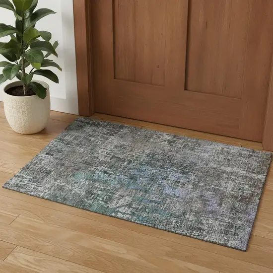 Fern Green Blue And Beige Abstract Washable Area Rug With UV Protection Photo 1
