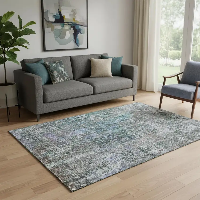 Fern Green Blue And Beige Abstract Washable Area Rug With UV Protection Photo 2