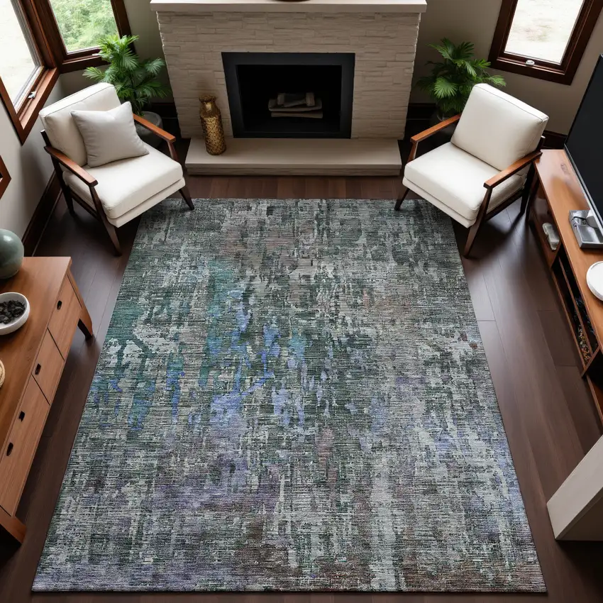 Fern Green Blue And Beige Abstract Washable Area Rug With UV Protection Photo 6