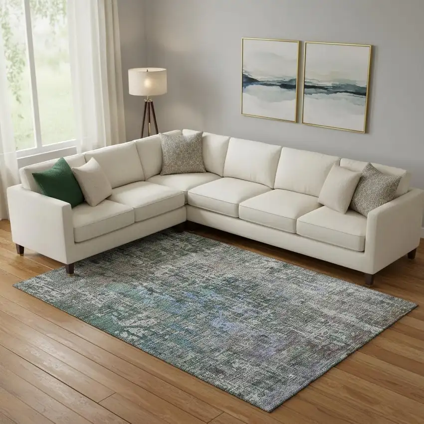 Fern Green Blue And Beige Abstract Washable Area Rug With UV Protection Photo 2