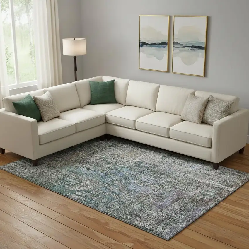 Fern Green Blue And Beige Abstract Washable Area Rug With UV Protection Photo 2