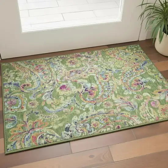 Fern Green Blue And Pink Paisley Washable Area Rug With UV Protection Photo 2
