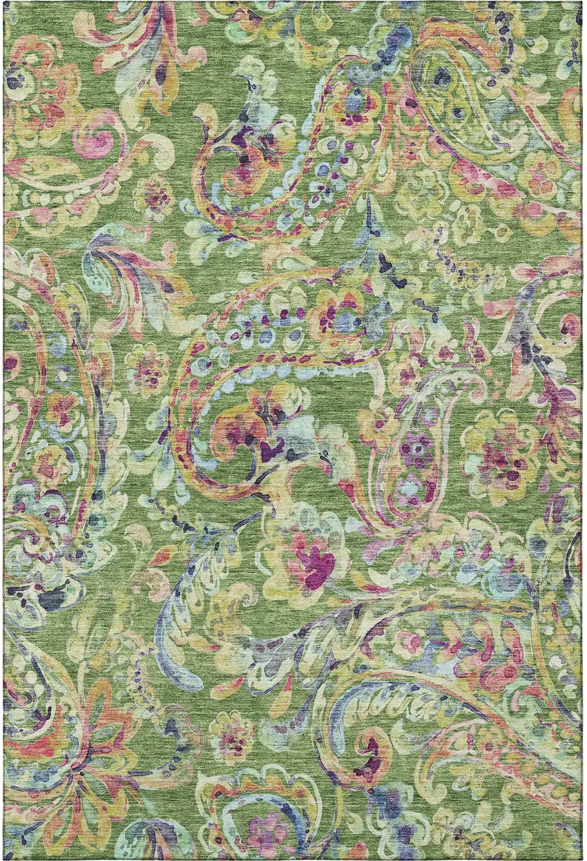 Fern Green Blue And Pink Paisley Washable Area Rug With UV Protection Photo 4