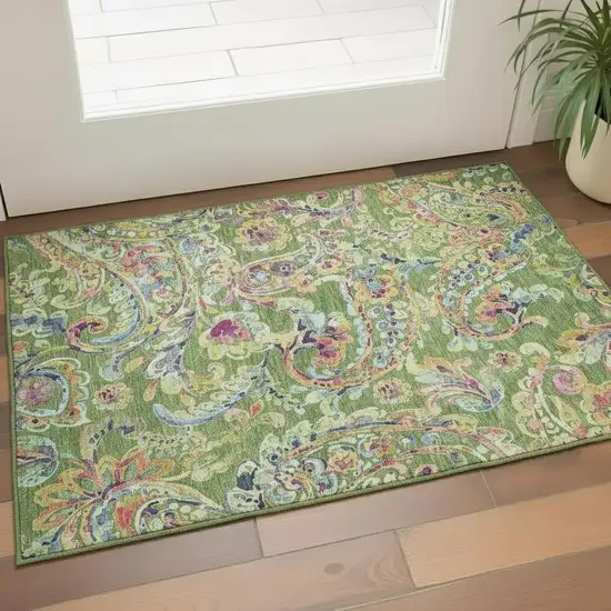 Fern Green Blue And Pink Paisley Washable Area Rug With UV Protection Photo 1