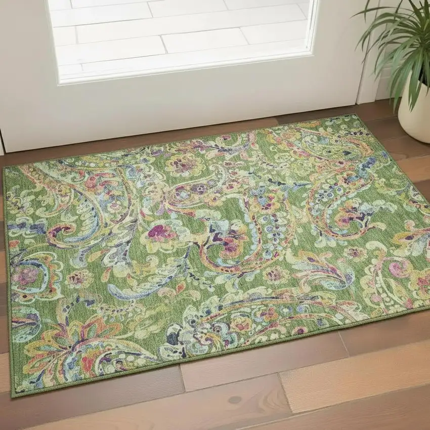 Fern Green Blue And Pink Paisley Washable Area Rug With UV Protection Photo 1