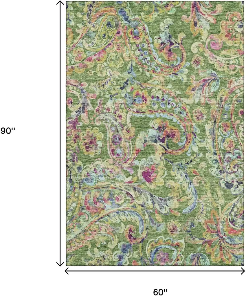 Fern Green Blue And Pink Paisley Washable Area Rug With UV Protection Photo 3