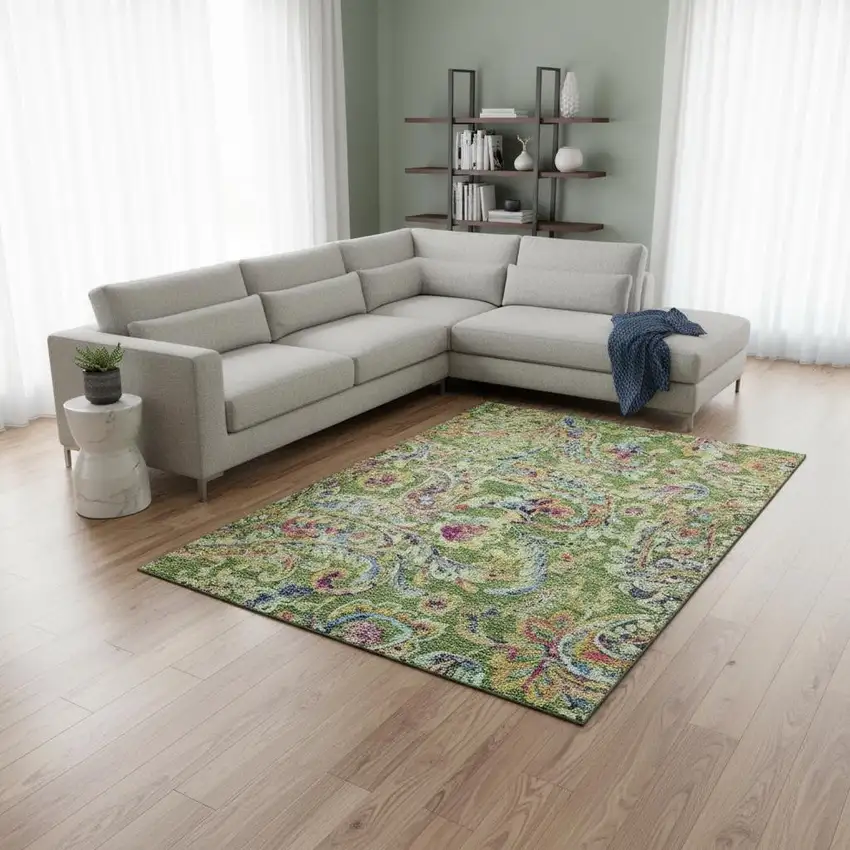 Fern Green Blue And Pink Paisley Washable Area Rug With UV Protection Photo 2