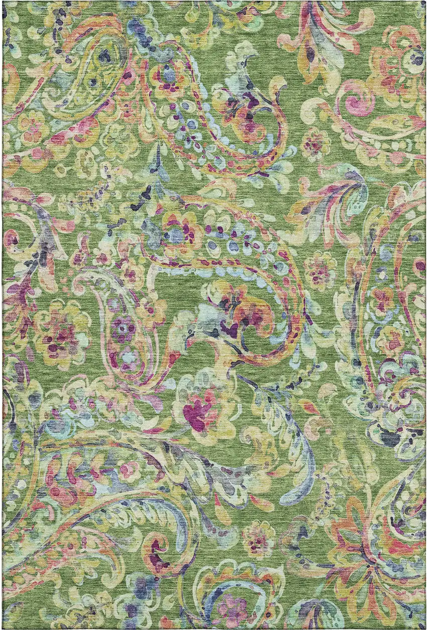 Fern Green Blue And Pink Paisley Washable Area Rug With UV Protection Photo 1