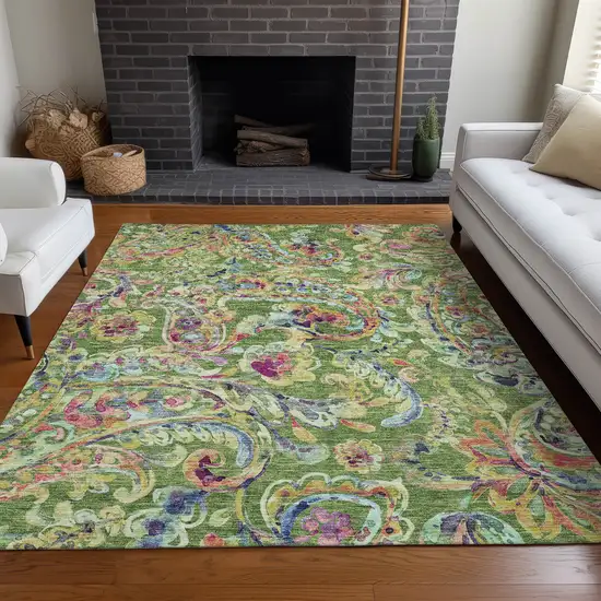 Fern Green Blue And Pink Paisley Washable Area Rug With UV Protection Photo 5
