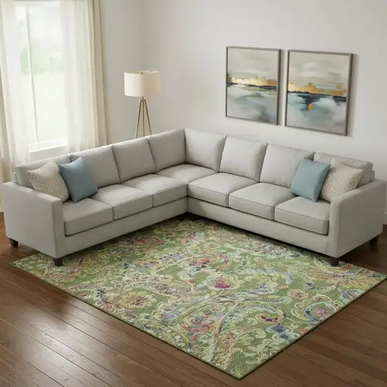 Fern Green Blue And Pink Paisley Washable Area Rug With UV Protection Photo 1