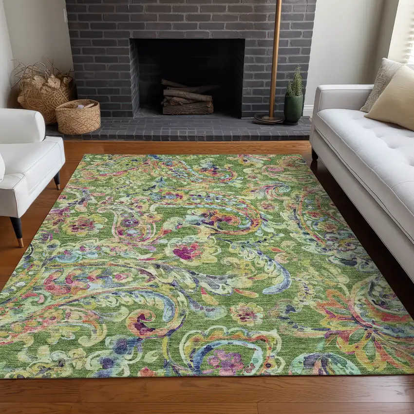 Fern Green Blue And Pink Paisley Washable Area Rug With UV Protection Photo 5