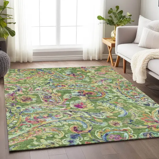Fern Green Blue And Pink Paisley Washable Area Rug With UV Protection Photo 6