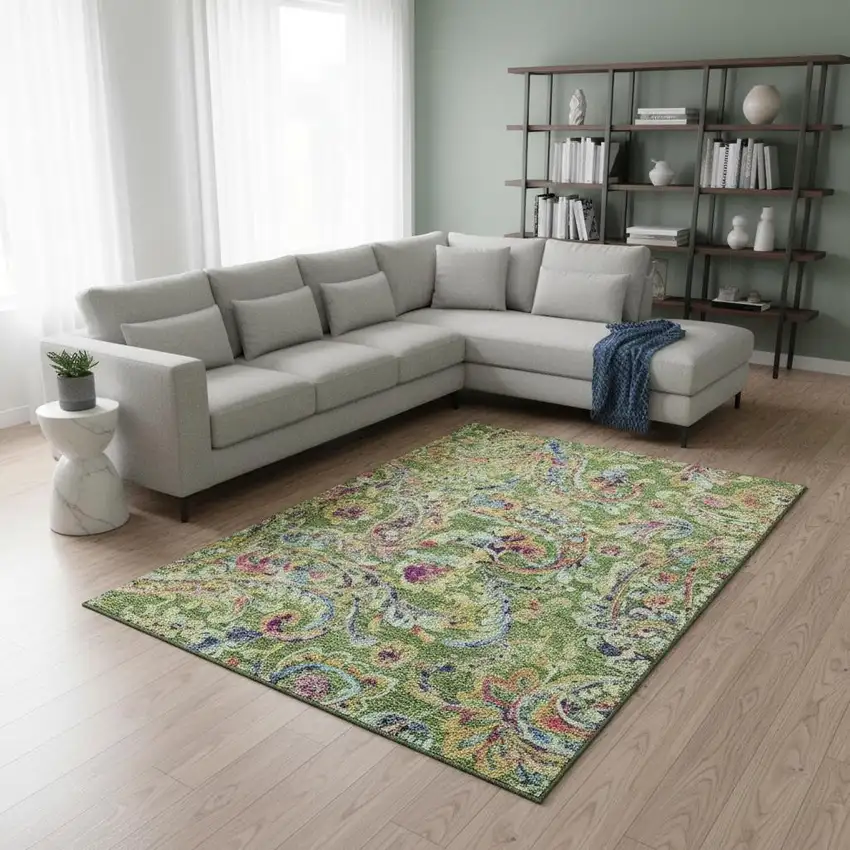 Fern Green Blue And Pink Paisley Washable Area Rug With UV Protection Photo 2