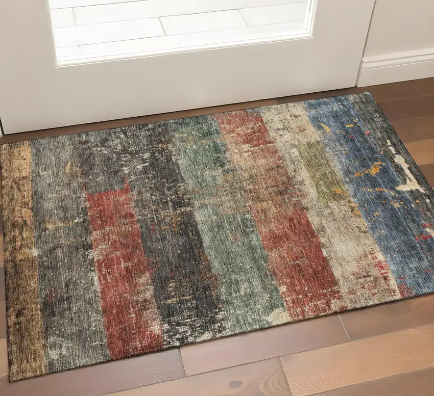 Fern Green Blue And Red Striped Washable Area Rug With UV Protection Photo 1