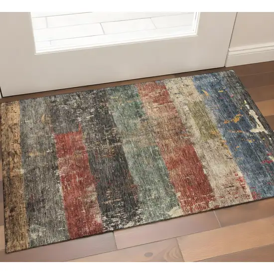 Fern Green Blue And Red Striped Washable Area Rug With UV Protection Photo 1