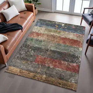 Photo of Fern Green Blue And Red Striped Washable Area Rug With UV Protection