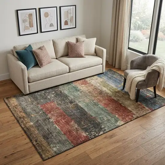 Fern Green Blue And Red Striped Washable Area Rug With UV Protection Photo 1