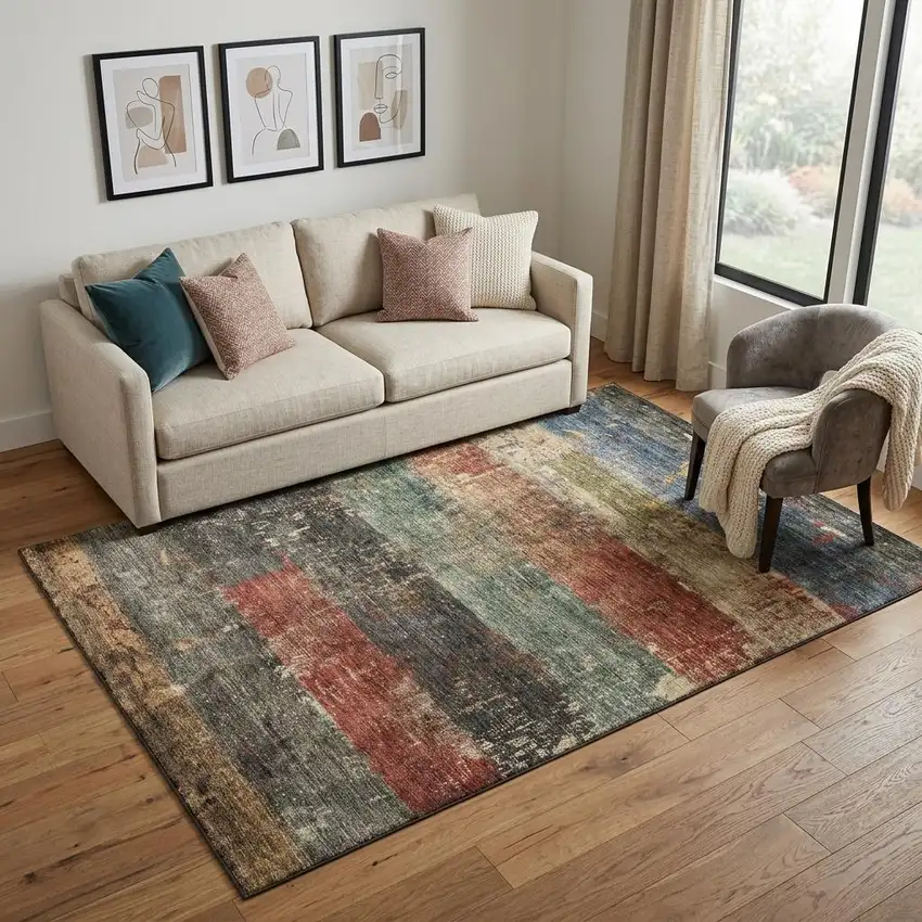 Fern Green Blue And Red Striped Washable Area Rug With UV Protection Photo 1