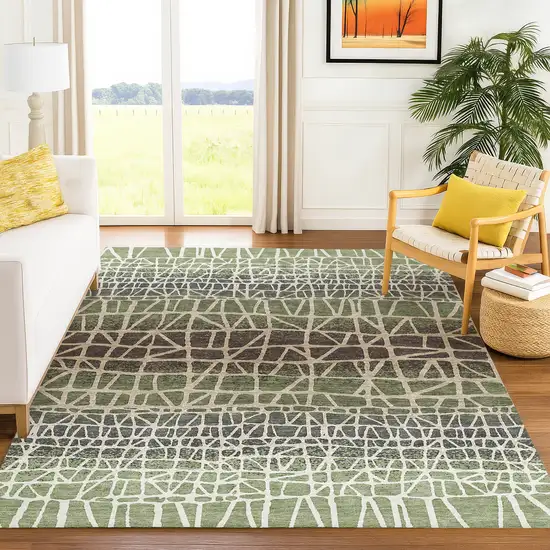 Fern Green Brown And Beige Geometric Washable Indoor Outdoor Area Rug Photo 5
