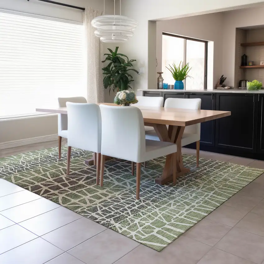 Fern Green Brown And Beige Geometric Washable Indoor Outdoor Area Rug Photo 6