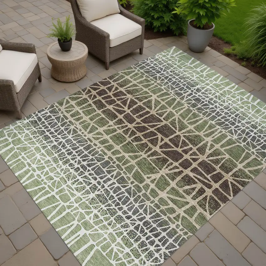 Fern Green Brown And Beige Geometric Washable Indoor Outdoor Area Rug Photo 7