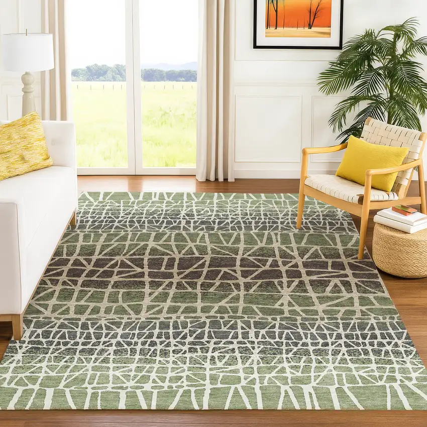 Fern Green Brown And Beige Geometric Washable Indoor Outdoor Area Rug Photo 5