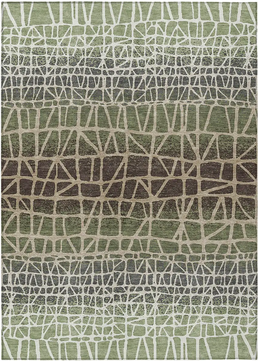 Fern Green Brown And Beige Geometric Washable Indoor Outdoor Area Rug Photo 1