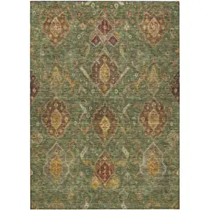 Photo of Fern Green Brown And Gold Ikat Washable Indoor Outdoor Area Rug