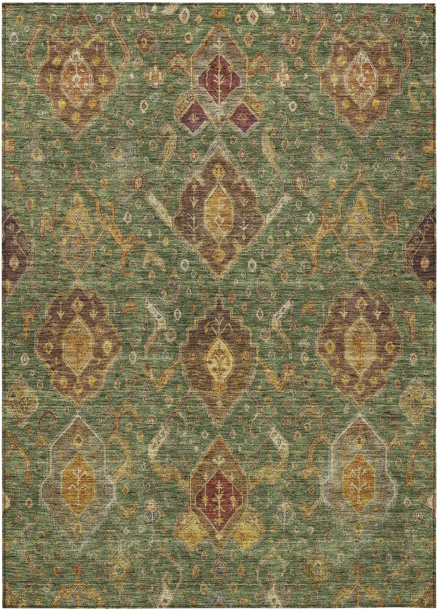 Fern Green Brown And Gold Ikat Washable Indoor Outdoor Area Rug Photo 2