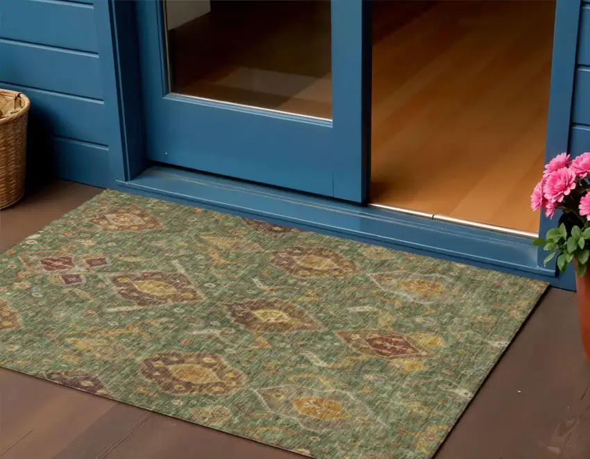 Fern Green Brown And Gold Ikat Washable Indoor Outdoor Area Rug Photo 1