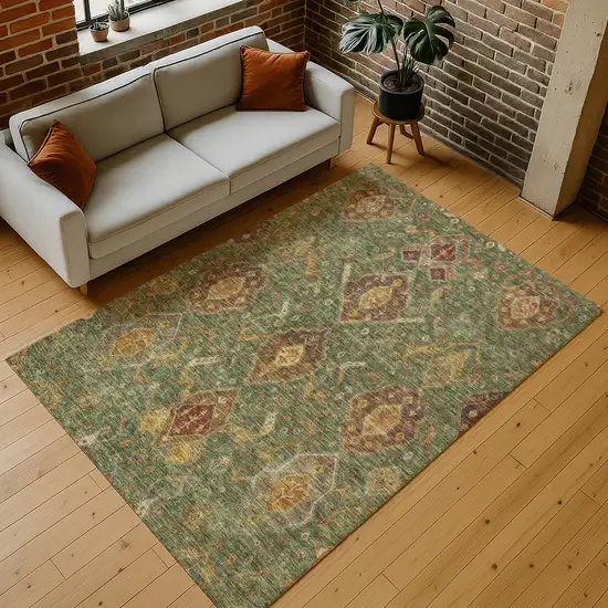 Fern Green Brown And Gold Ikat Washable Indoor Outdoor Area Rug Photo 9