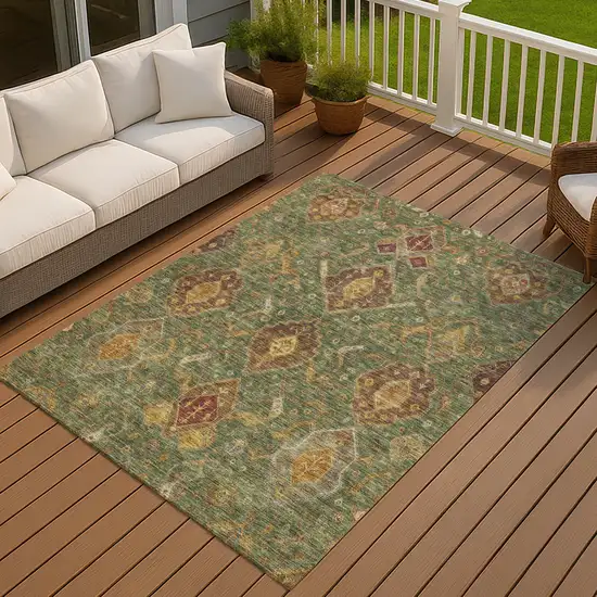Fern Green Brown And Gold Ikat Washable Indoor Outdoor Area Rug Photo 7