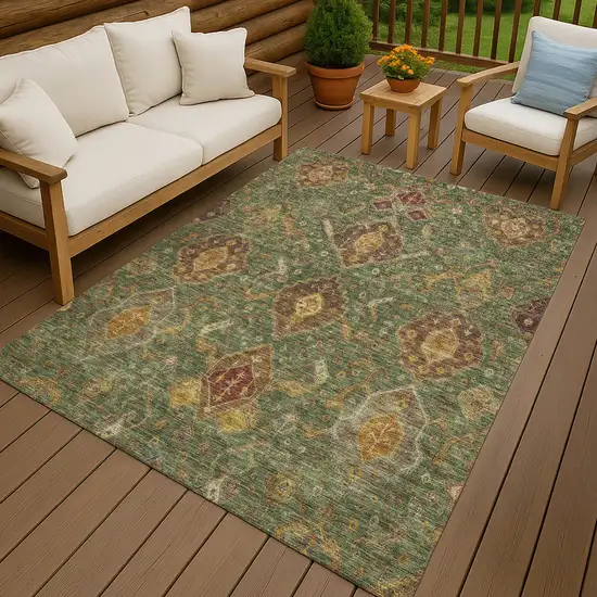 Fern Green Brown And Gold Ikat Washable Indoor Outdoor Area Rug Photo 9