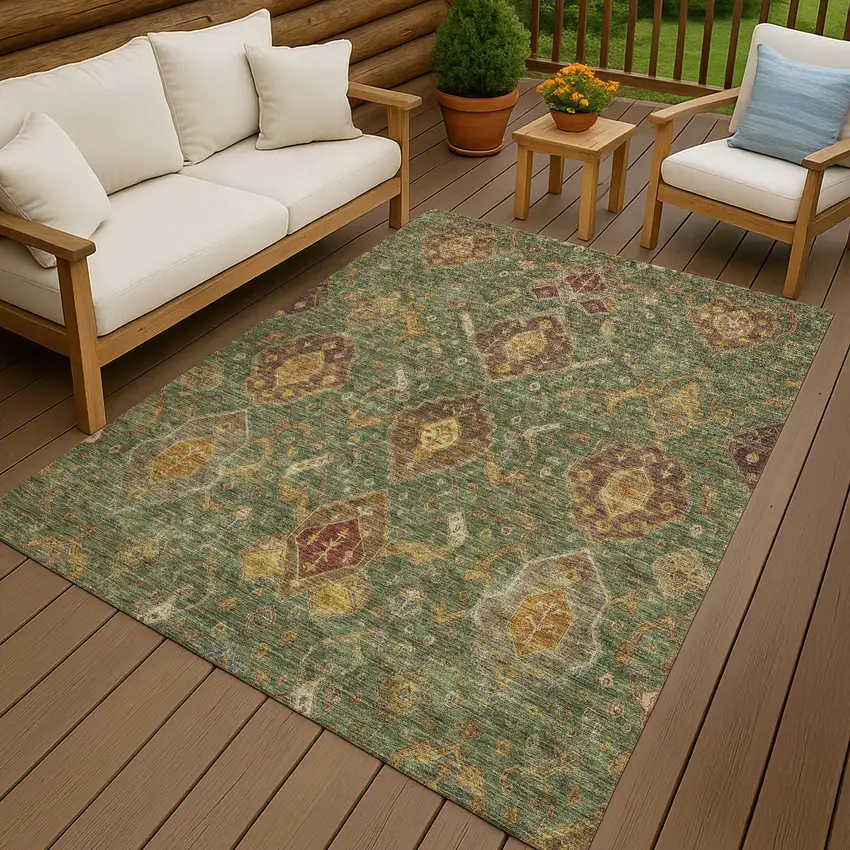 Fern Green Brown And Gold Ikat Washable Indoor Outdoor Area Rug Photo 9
