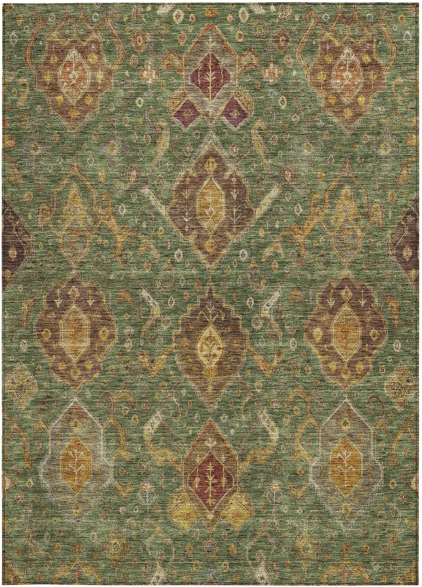 Fern Green Brown And Gold Ikat Washable Indoor Outdoor Area Rug Photo 4