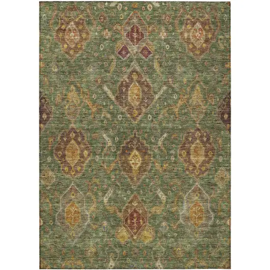 Fern Green Brown And Gold Ikat Washable Indoor Outdoor Area Rug Photo 2