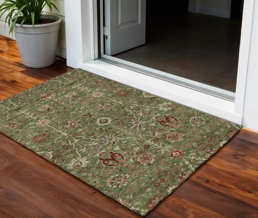 Fern Green Brown And Red Floral Washable Indoor Outdoor Area Rug Photo 1