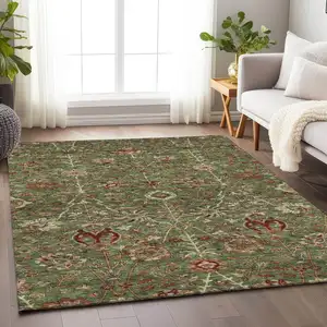 Photo of Fern Green Brown And Red Floral Washable Indoor Outdoor Area Rug