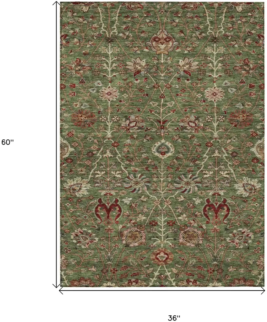 Fern Green Brown And Red Floral Washable Indoor Outdoor Area Rug Photo 8