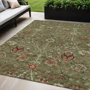 Photo of Fern Green Brown And Red Floral Washable Indoor Outdoor Area Rug