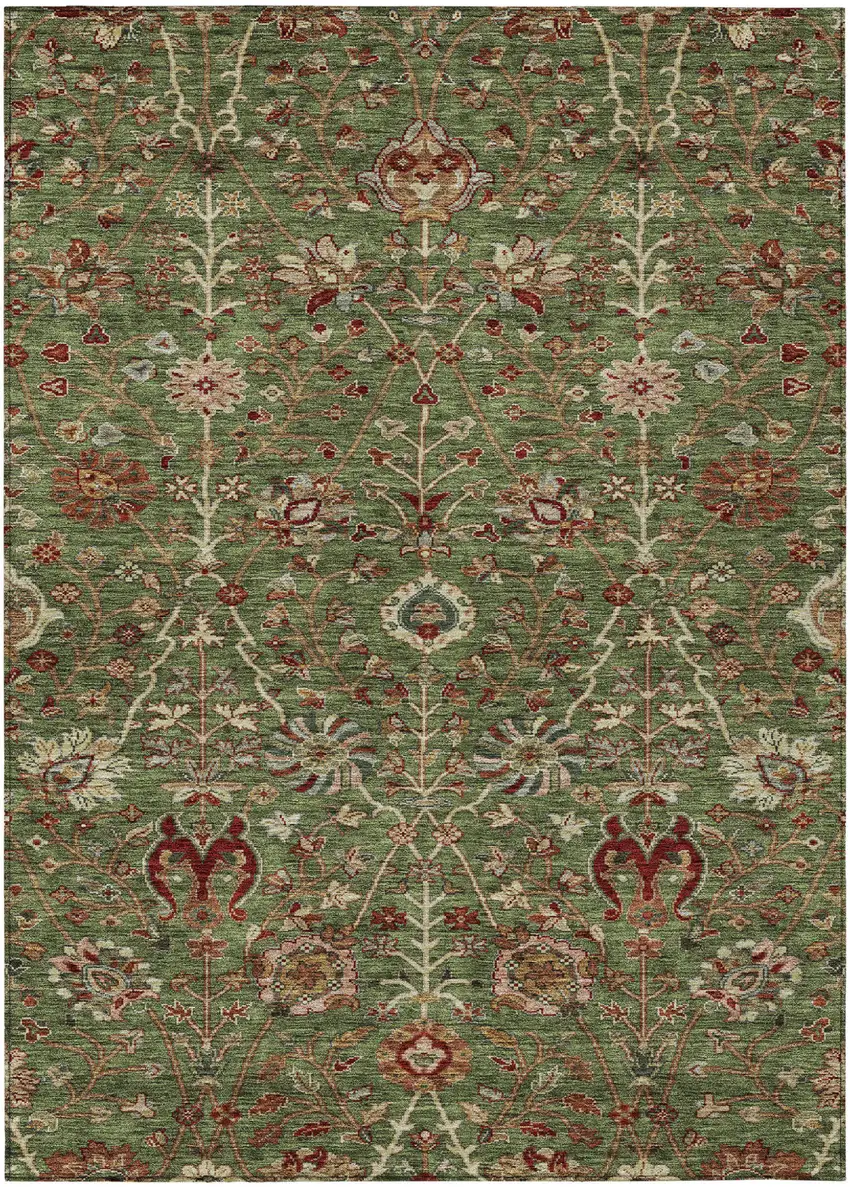 Fern Green Brown And Red Floral Washable Indoor Outdoor Area Rug Photo 2