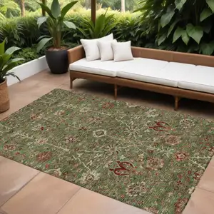Photo of Fern Green Brown And Red Floral Washable Indoor Outdoor Area Rug