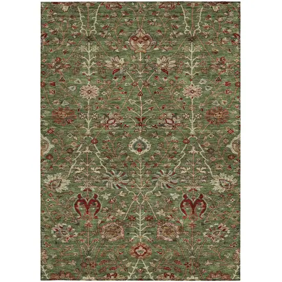 Fern Green Brown And Red Floral Washable Indoor Outdoor Area Rug Photo 7