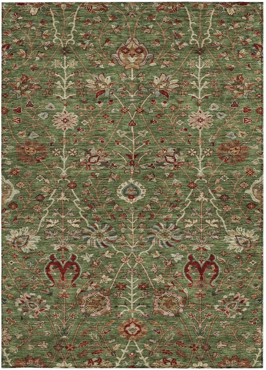 Fern Green Brown And Red Floral Washable Indoor Outdoor Area Rug Photo 7