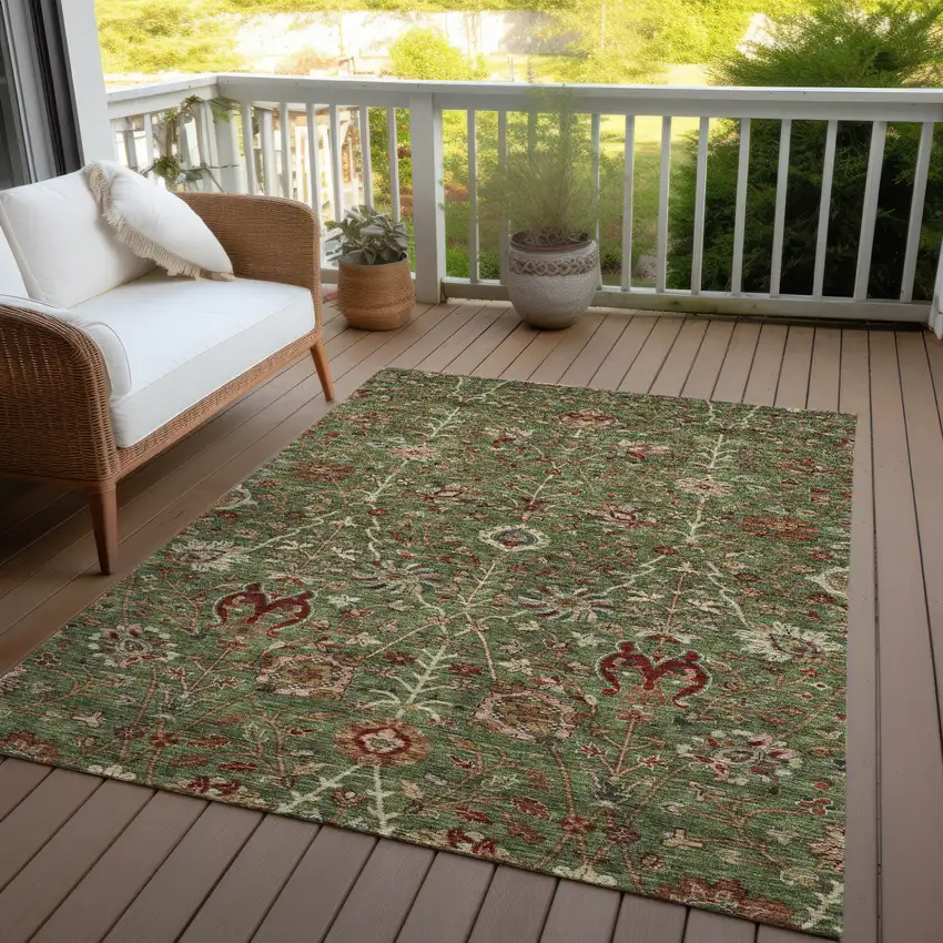 Fern Green Brown And Red Floral Washable Indoor Outdoor Area Rug Photo 8