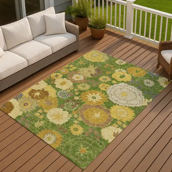 Fern Green Gold And Beige Floral Washable Indoor Outdoor Area Rug Photo 9