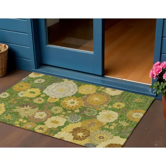 Fern Green Gold And Beige Floral Washable Indoor Outdoor Area Rug Photo 1