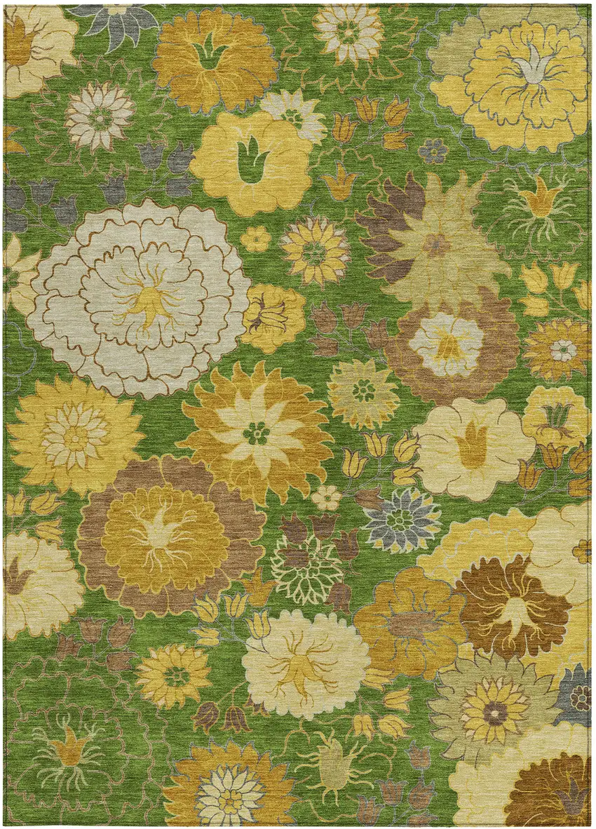 Fern Green Gold And Beige Floral Washable Indoor Outdoor Area Rug Photo 5